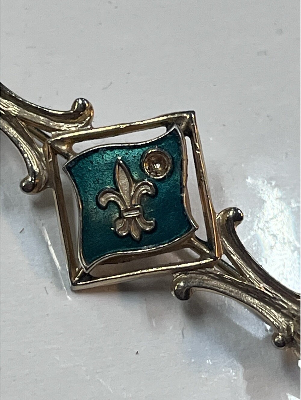 Vintage Fleur De Lis Brooch Teal Enamel Gold Tone Bar Pin Rhinestone